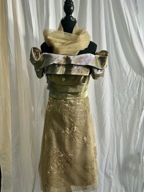 Rene Ruiz Cap Sleeve Off Shoulder Shimmery Floral Crystal Strapless Dress Gown